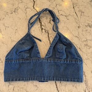 Emma & Sam Blue Denim Halter Top L cropped hippie festival